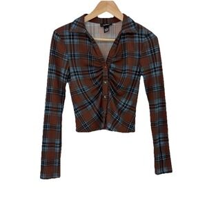 Just Polly Plaid Crop Button Stretch Top Sz Sm Schoolgirl Clueless Academia 90's